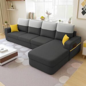 FURNY Premium Amega 6 Seater Fabric RHS L Shape Sofa Set for Living Room with Dual Color Cushions (Dark Grey)